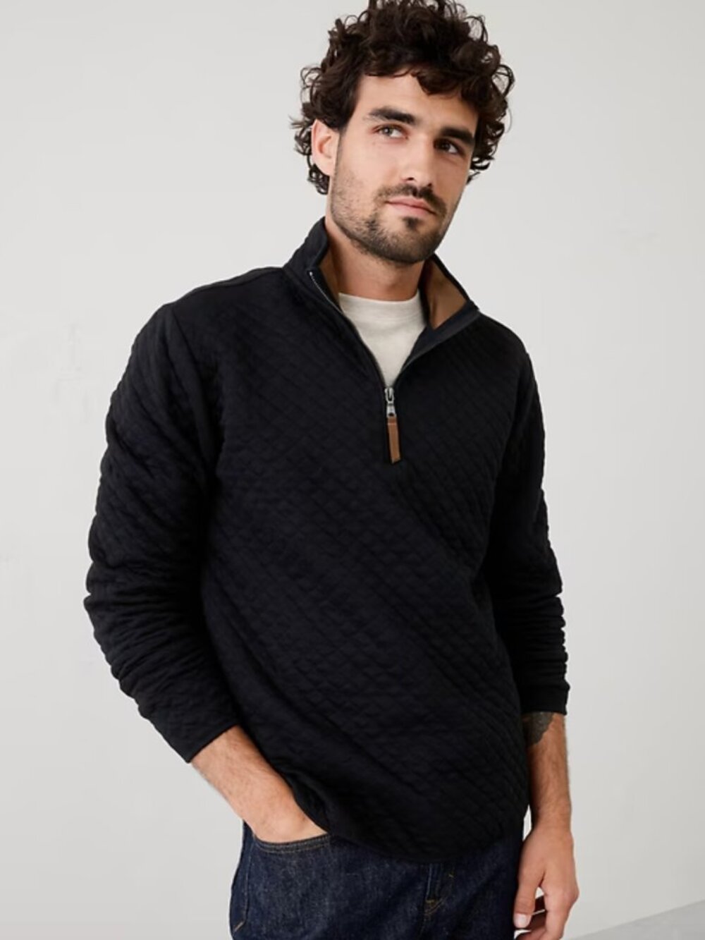 Men's Banana Republic Sweater Quilted Pullover Quarter Zip Black Brown Medium